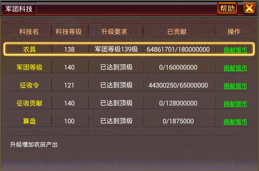 风云天下OL的军团科技界面 风云天下OL的军团科技界面